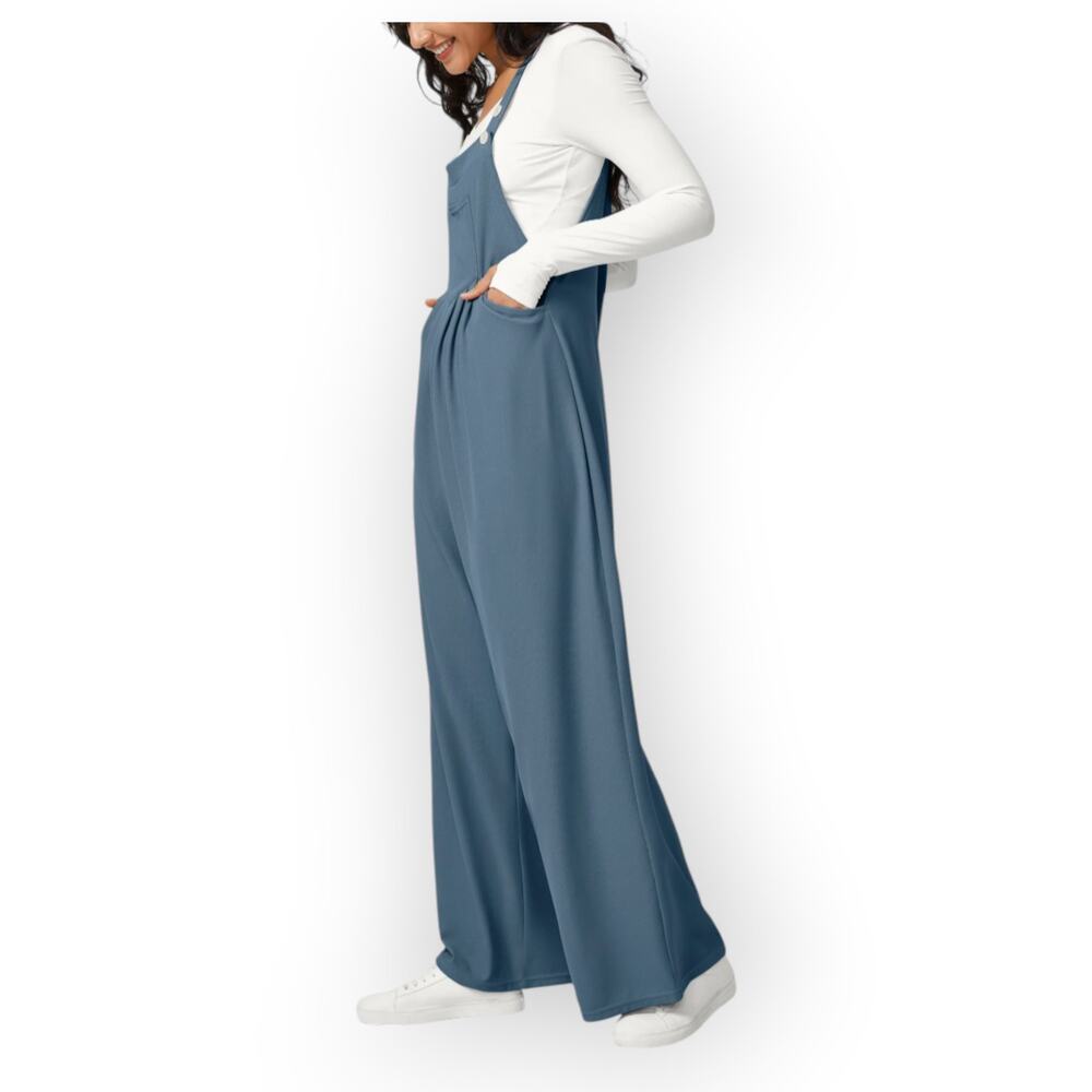 Halara Waffle Wide Leg Overalls Blue Pocket Jumpsuit L Casual Minimalist Lounge - Picture 10 of 11